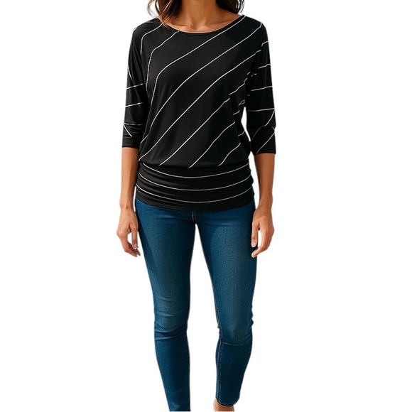 Chico’s Tan Neutral Stripes Ruched Waist Black Top Women Size 1 (M) - Picture 1 of 9